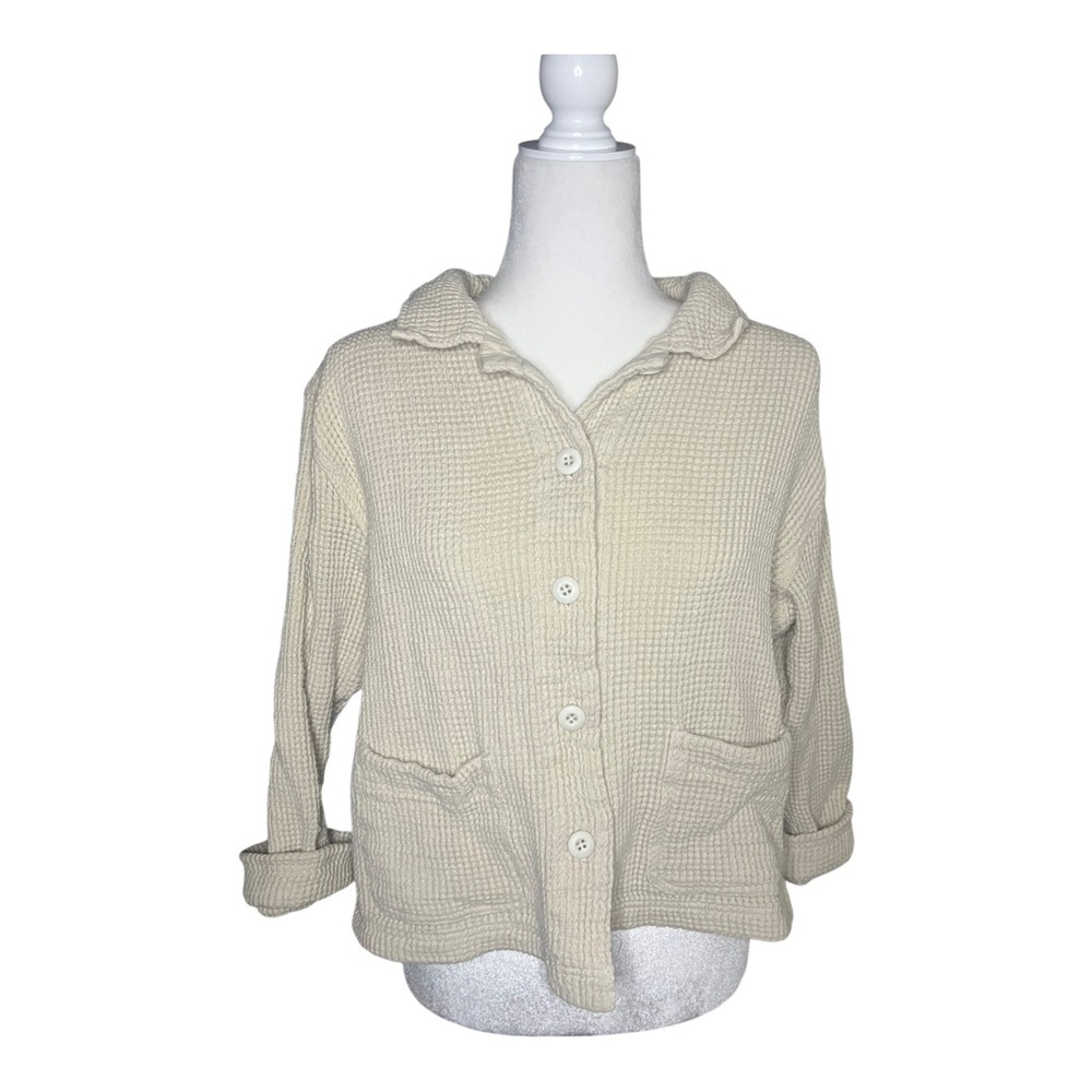 Relaxed Waffle-Knit Button Front Cardigan - Cream